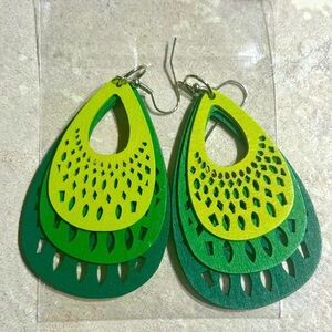 NEW Wooden 3 Shades of Green Lightweight Dangle Earrings